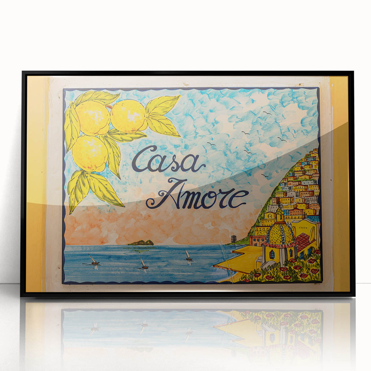 Large abstract wall art of the Amalfi Coast in muted blue and green tones on a framed acrylic print.