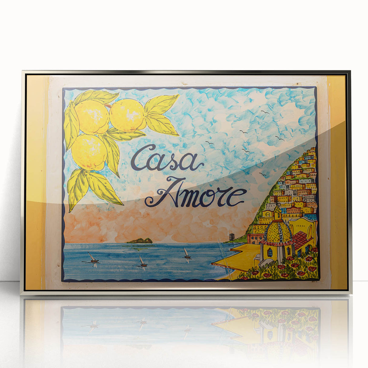 Large art print of Amalfi Coast in mid-century modernist style, with vibrant blue and pastel hues, framed in silver acrylic.