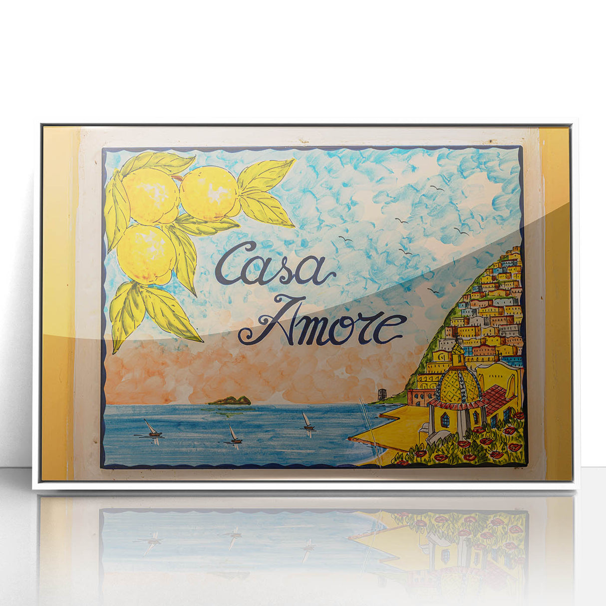 Mid-century modernist art depicting the Amalfi Coast in pastel shades on a framed acrylic, suitable for nursery wall art.