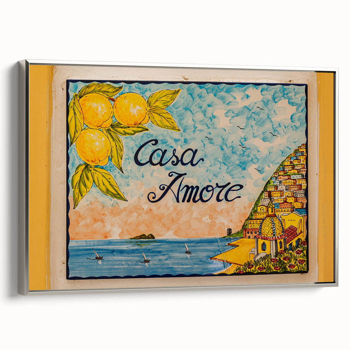 Framed canvas of Amalfi Coast landscape art painting with vibrant colors, ideal for living room decor.
