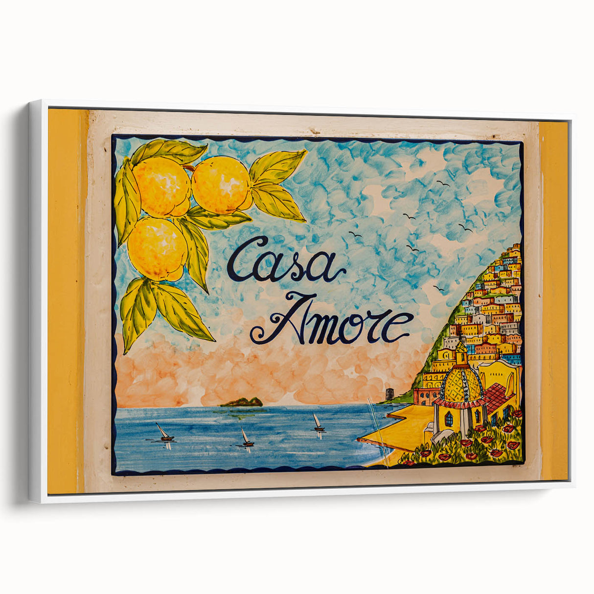 Vintage poster art of the Amalfi Coast in vibrant colors on a framed canvas, ideal for living room decor.