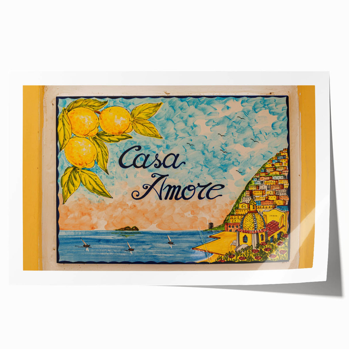 Extra large rolled print of Amalfi Coast with vibrant blue and white tones, ideal for art wall dining room.