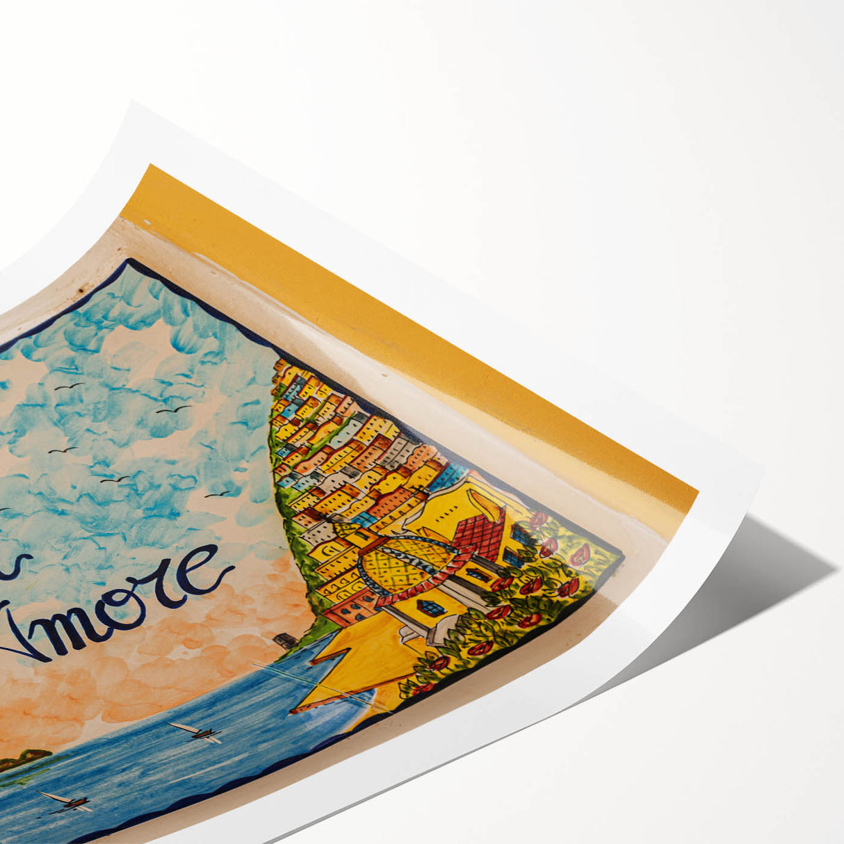 Extra large wall art depicting the Amalfi Coast in a line art style with floral elements, ideal for large living room decor.