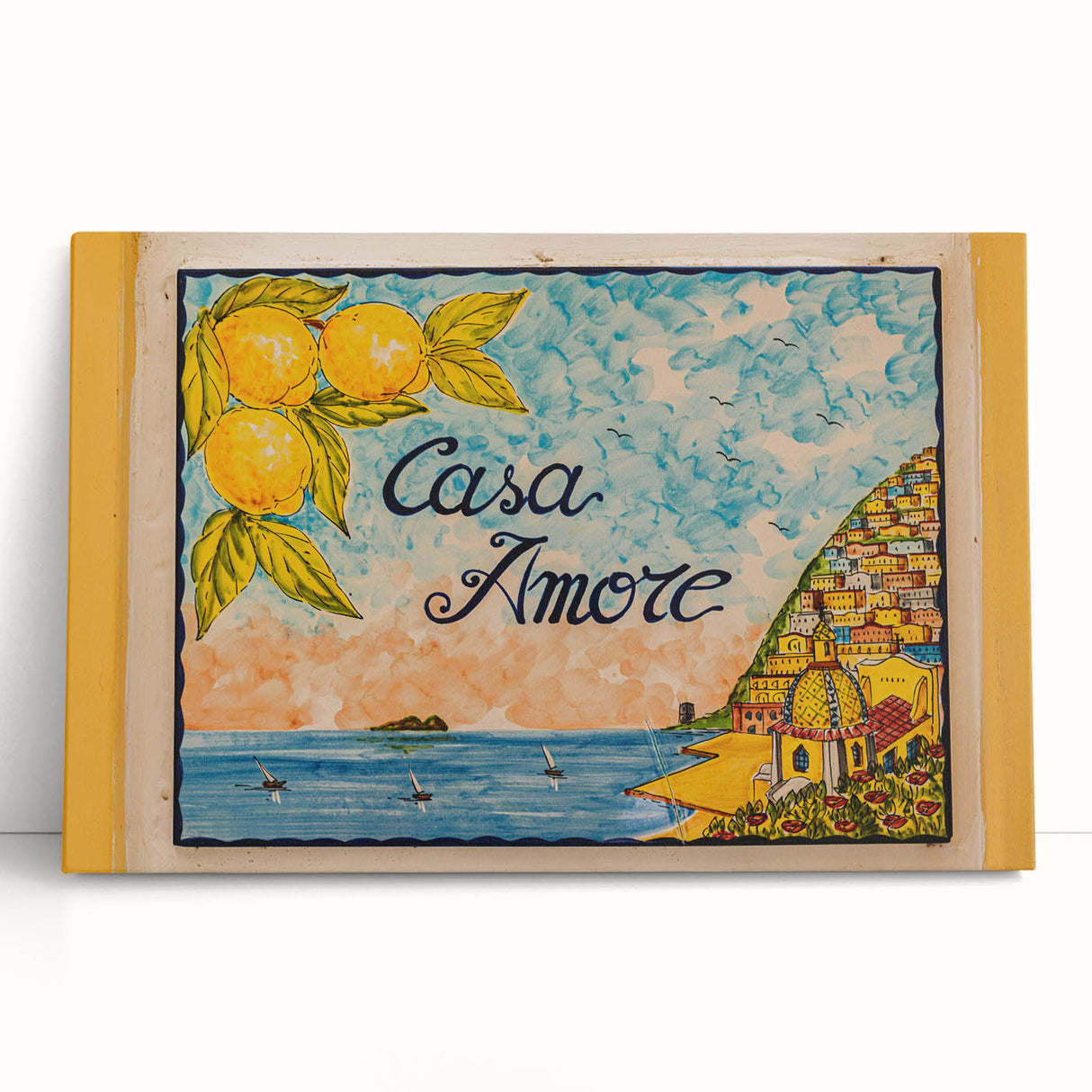 Black and white stretched canvas of the Amalfi Coast, ideal for kitchen wall art.
