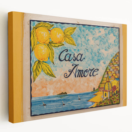 Large stretched canvas of Amalfi Coast scenery in vibrant blue and white tones, ideal for kitchen wall art.