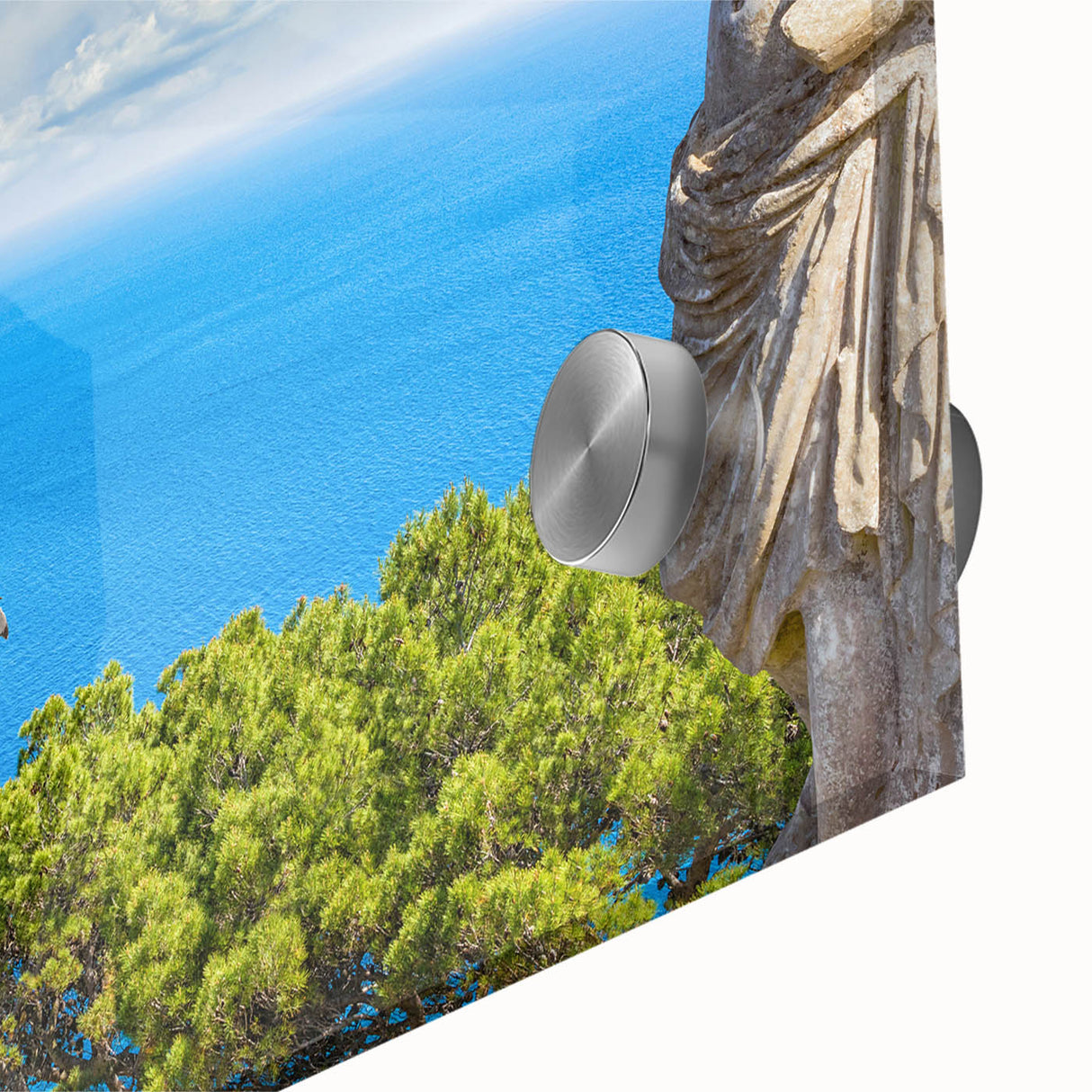 Large abstract depiction of Capri in muted blue and green tones on acrylic glass, suitable for dining room art.
