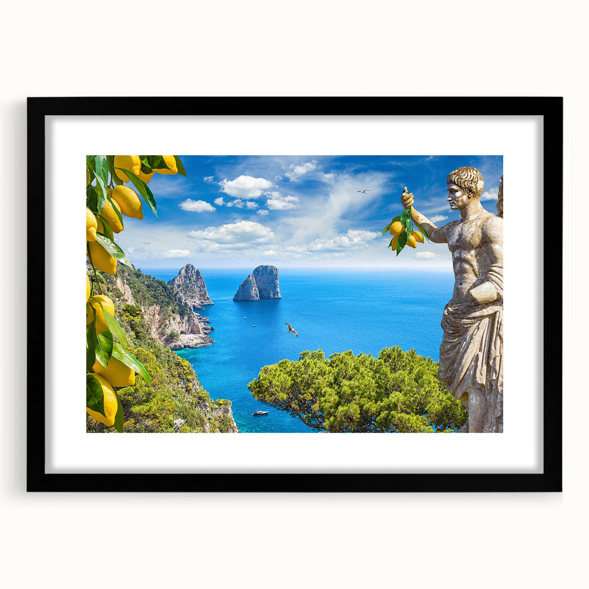 Extra large, textured abstract art print of a colorful Capri, Italy scenery in a black frame, ideal for living room decor.