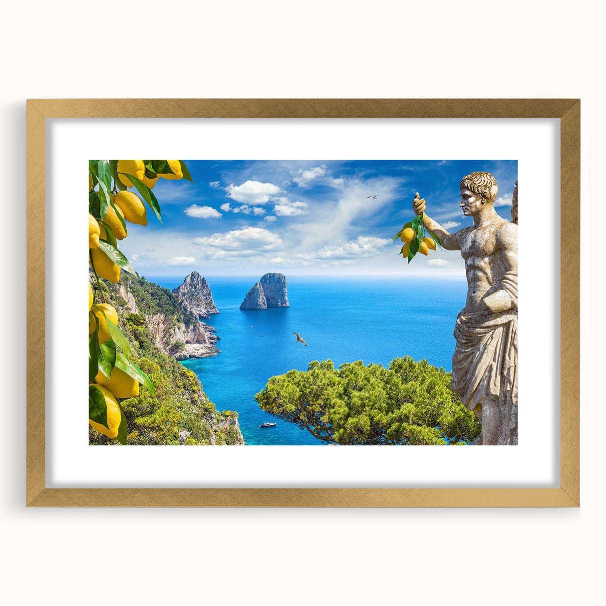 Abstract art print of Capri, Italy in muted blue and gold tones, framed with a matte gold finish.