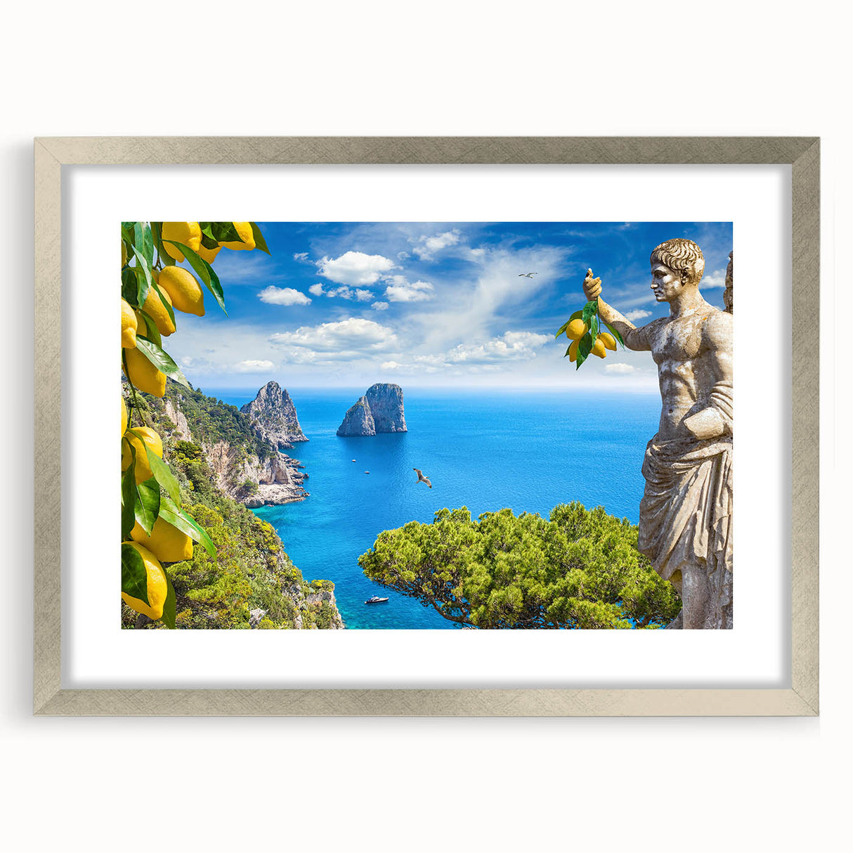 Extra large abstract art print of Europe's Capri scenery in muted earth tones, framed in silver.