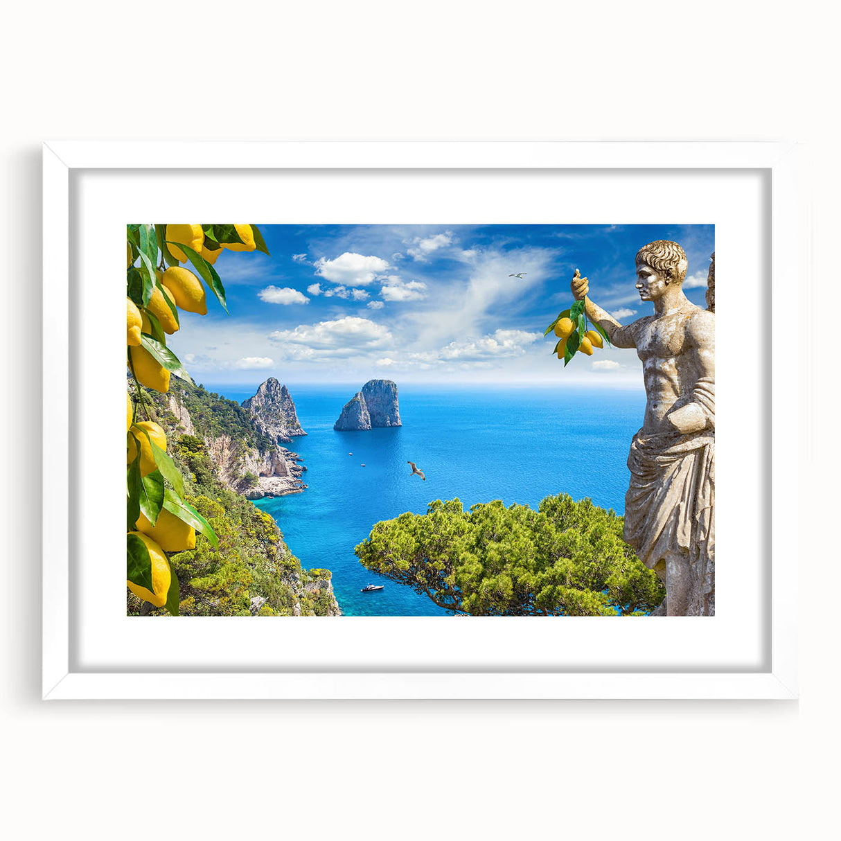 Textured art print of an abstract Capri landscape in muted earth tones on a framed white mat, ideal for bedroom decor.