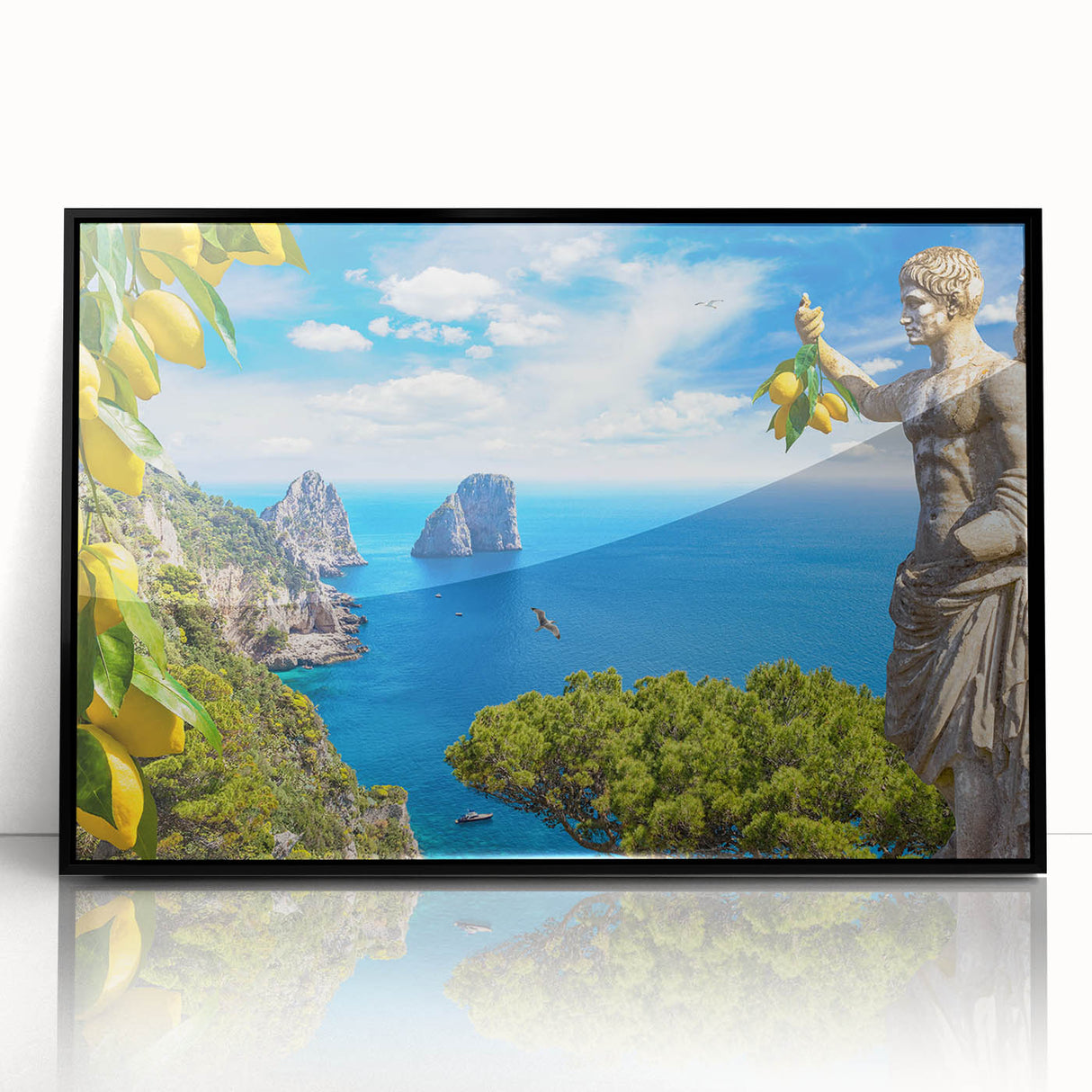Large abstract wall art depicting a serene Capri landscape in muted blues and greens, framed in black acrylic.