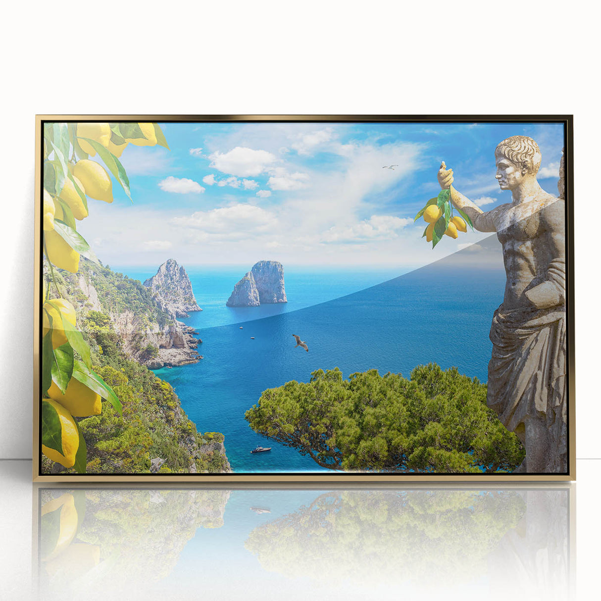 Art Deco style poster of Capri, Italy, in pastel blue and pink tones, framed in gold acrylic.