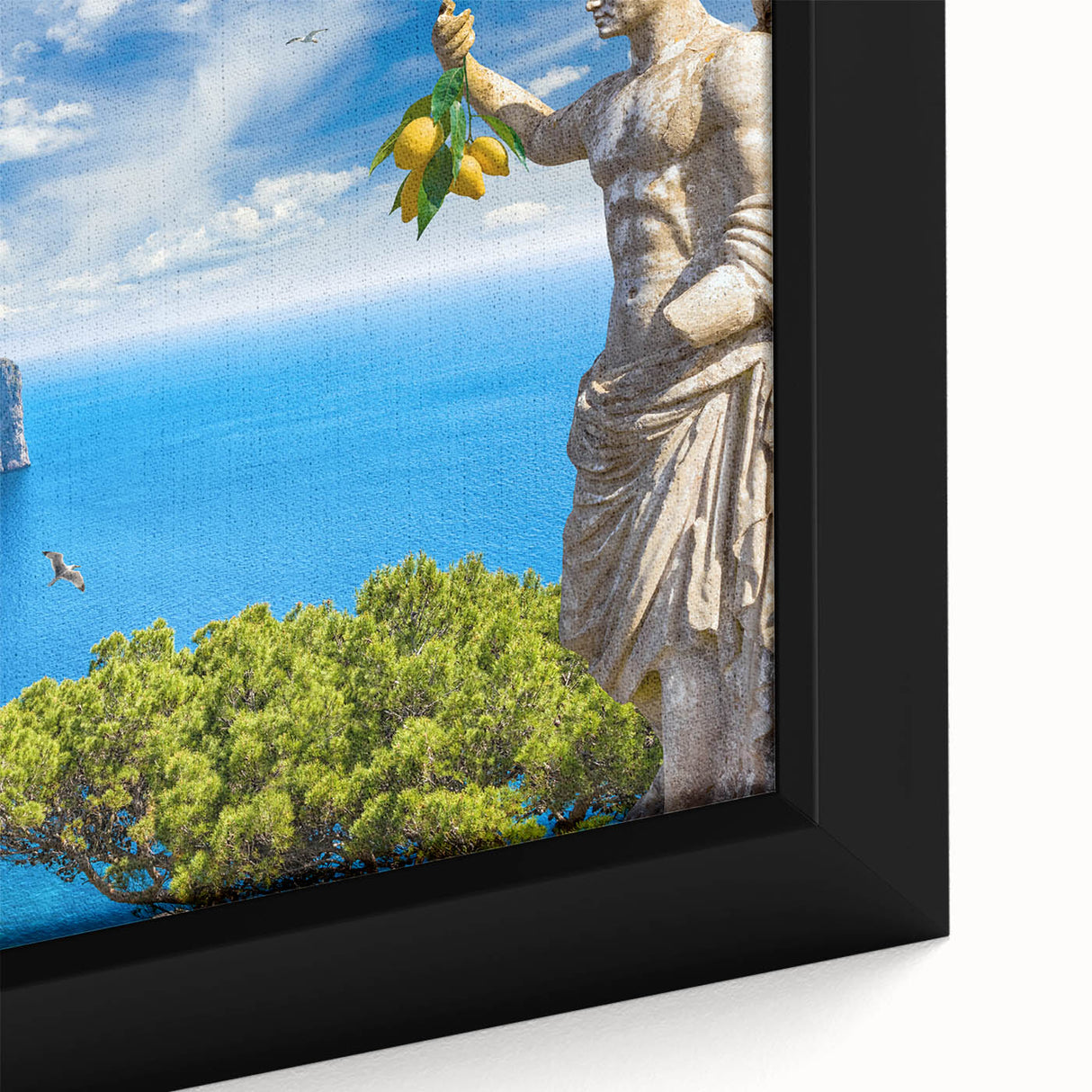 Black wall art depicting a colorful, textured Capri, Italy scenery on framed canvas, ideal for living room decor.