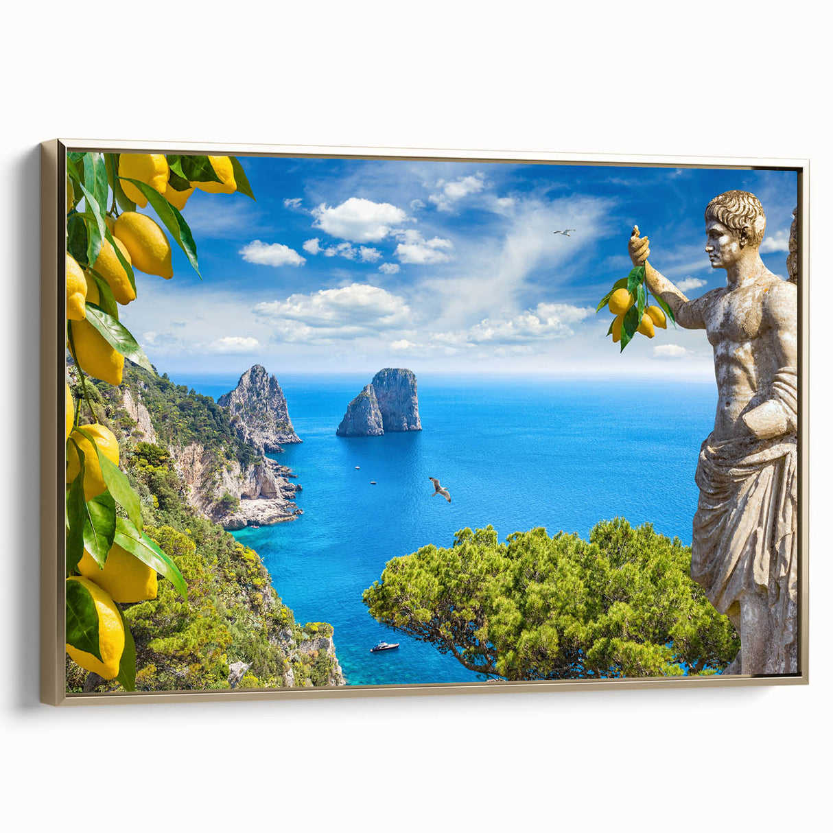Framed canvas depicting a vintage-style landscape of Capri, Italy in black and gold tones, ideal for bedroom wall art.