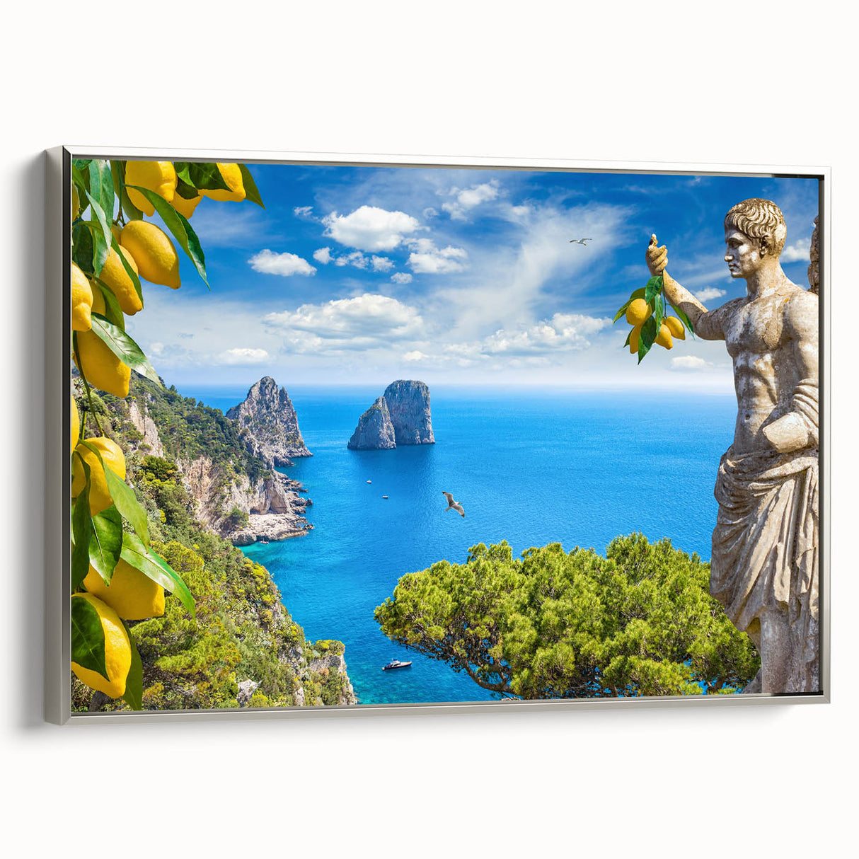 Framed canvas featuring a vintage-style landscape painting of Capri, Italy, with vibrant colors on a black background.