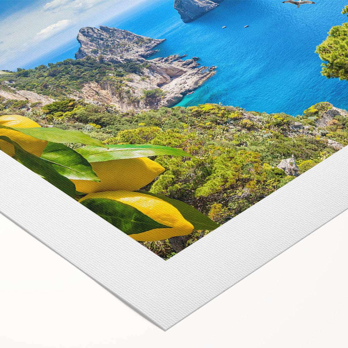 Art deco poster of Capri, Italy in muted blue tones on rolled canvas, suitable for dining room or bathroom.