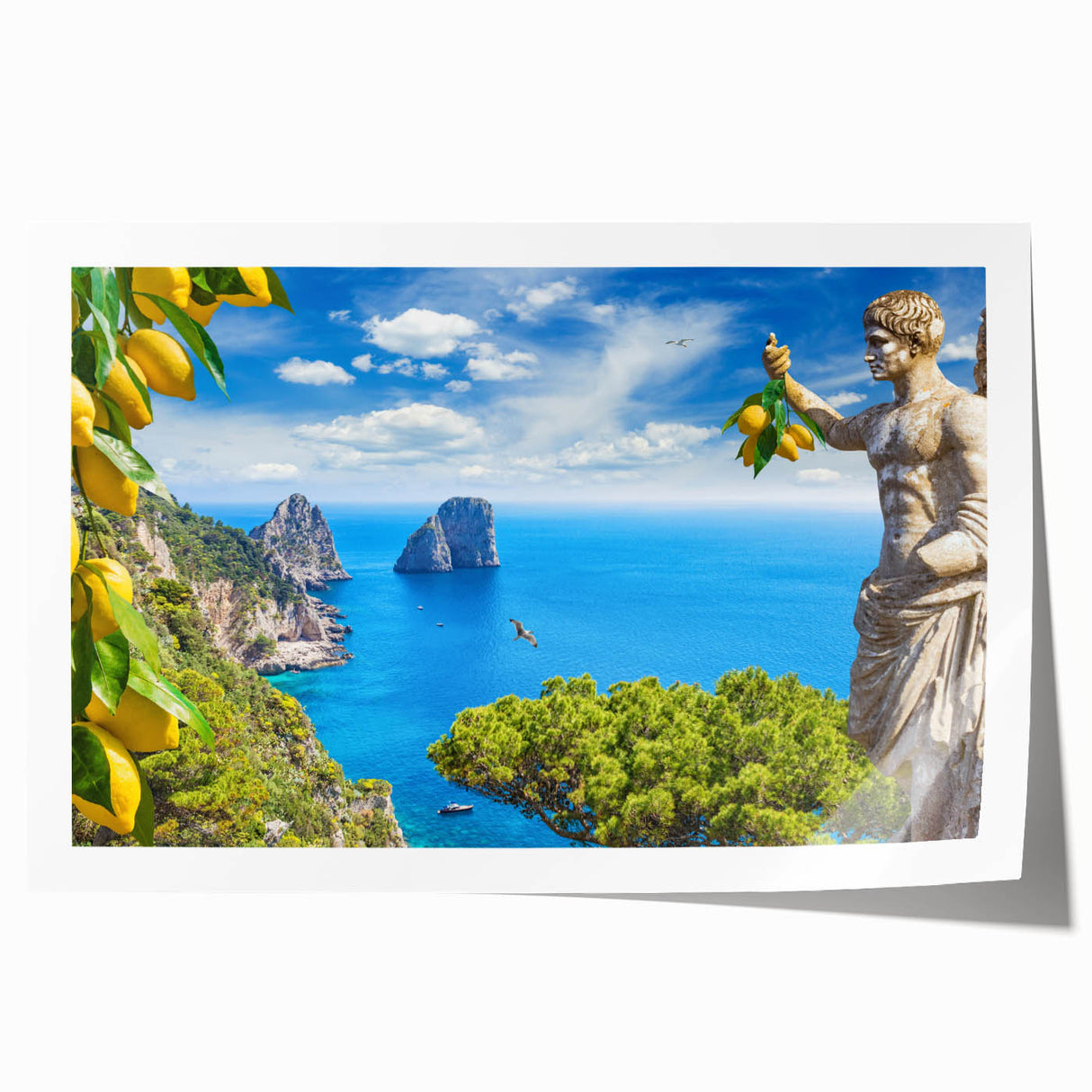 Rolled canvas print of Capri, Italy scenery with vibrant floral elements, ideal for art wall dining room.