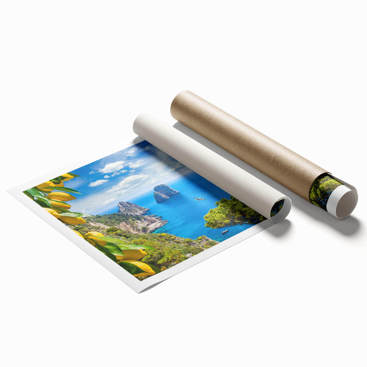 Rolled print of Capri, Italy scenery with vibrant floral elements on an extra large canvas.