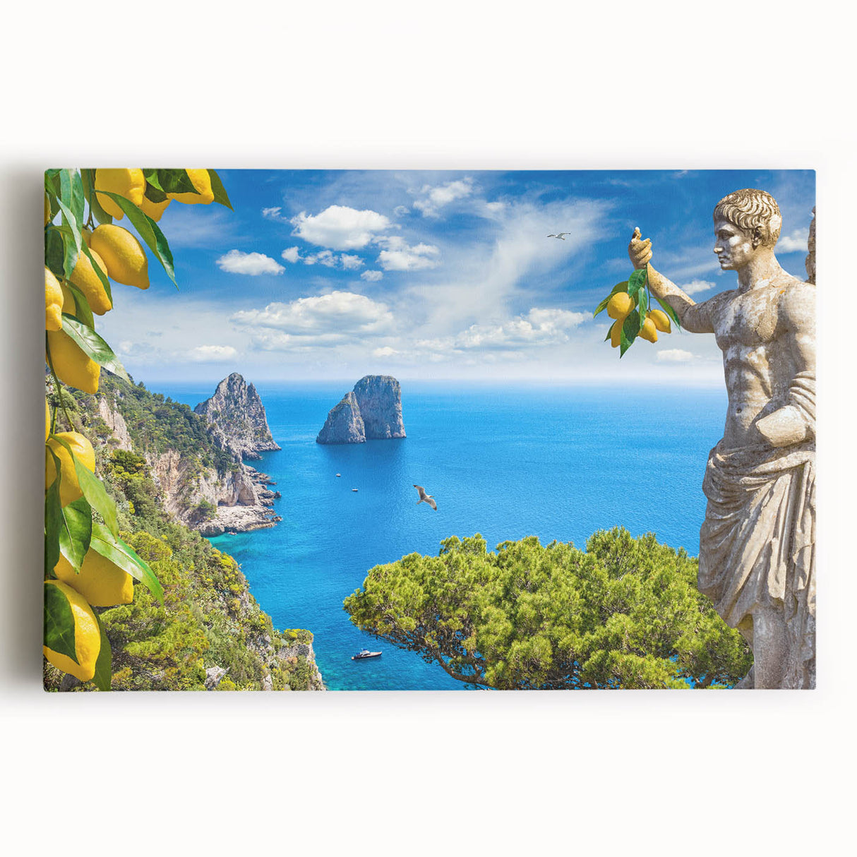 Black and white stretched canvas of Capri scenery, ideal for kitchen wall art or bedroom decor.