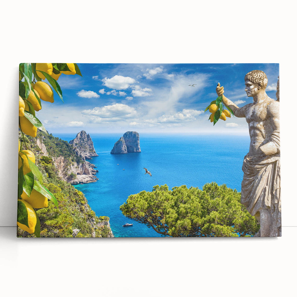 Black and white stretched canvas of Capri, Italy, ideal for kitchen wall art.
