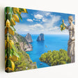 Panoramic view of Capri coastline on stretched canvas, featuring vivid blue and white tones, ideal for kitchen wall art.
