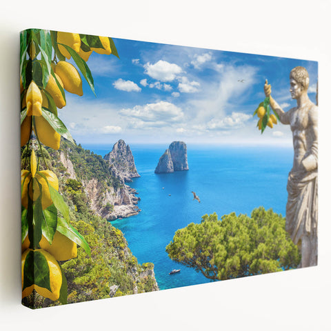 Panoramic view of Capri coastline on stretched canvas, featuring vivid blue and white tones, ideal for kitchen wall art.