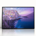 Framed acrylic print of Cinque Terre with vivid blue and pastel seaside tones, ideal for modern living room decor.