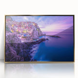 Framed acrylic print of Cinque Terre with vivid blue and pastel seaside colors, ideal for modern art wall decor.