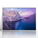 Framed acrylic print of Cinque Terre with muted pastel colors in mid-century modernist style, ideal for nursery wall art.