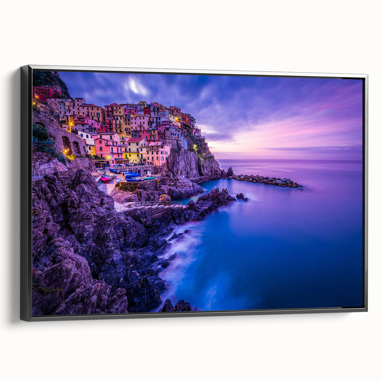 Black and white landscape art painting of Cinque Terre on framed canvas, ideal for bedroom wall decor.