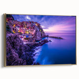 Framed canvas depicting the Cinque Terre coast in vintage poster style, with predominant black tones.