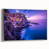 Framed canvas landscape art painting of Cinque Terre, Italy, featuring vibrant colorful houses and a serene sea.