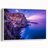 Vintage poster art of Cinque Terre on framed canvas, featuring vibrant, colorful imagery, ideal for living room decor.