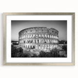 Extra large wall art depicting an abstract print of the Colosseum in silver frame, ideal for living room decor.