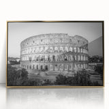 Art deco poster of the Colosseum in Rome with muted gold tones on framed acrylic, suitable for modern art wall decor.