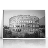 Mid-century modernist art of the Colosseum in muted earth tones, acrylic print in white frame.