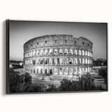Black and white framed canvas of the Colosseum in Rome, ideal for bedroom wall art with a vintage poster style.