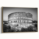 Framed canvas depicting a vintage-style landscape of the Colosseum in Italy, set in black and gold tones.