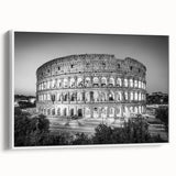 Vintage poster art of the Colosseum in vibrant colors on a large framed canvas, suitable for living room decor.