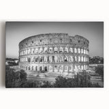 Black and white print of the Colosseum on stretched canvas, ideal for kitchen wall art or bedroom decor.
