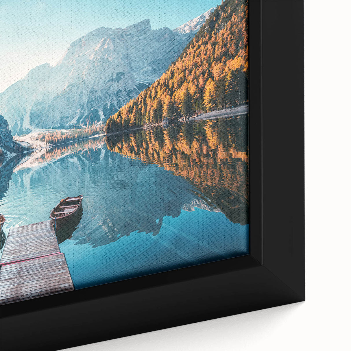 Black framed canvas of the Dolomites in Italy, featuring a textured, colorful art style.