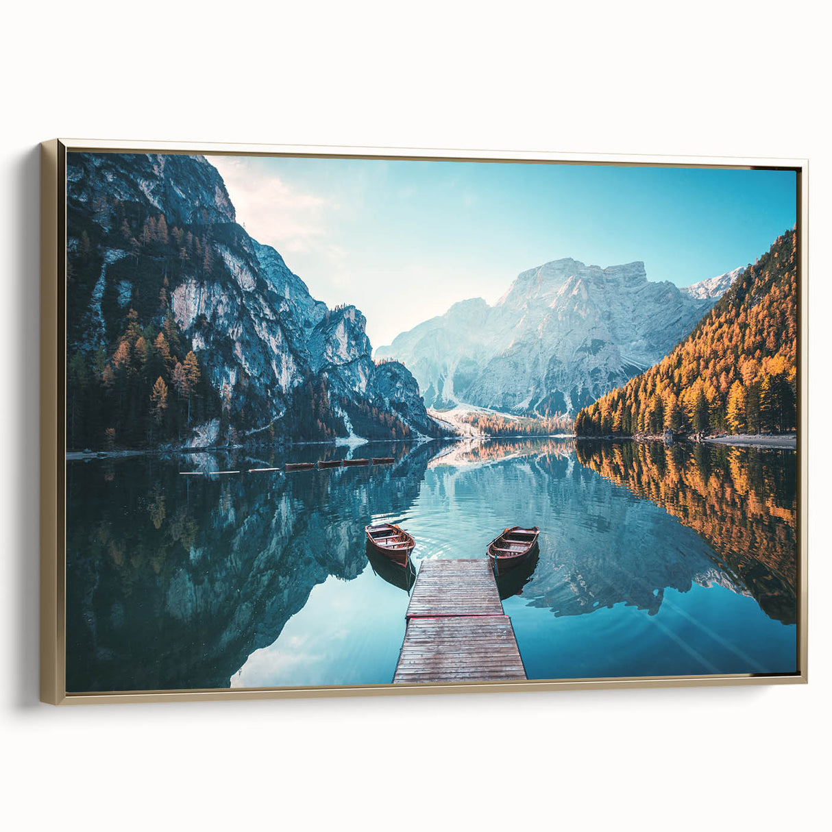Framed canvas featuring a vintage-style landscape painting of the Dolomites in Italy, with muted earth tones.