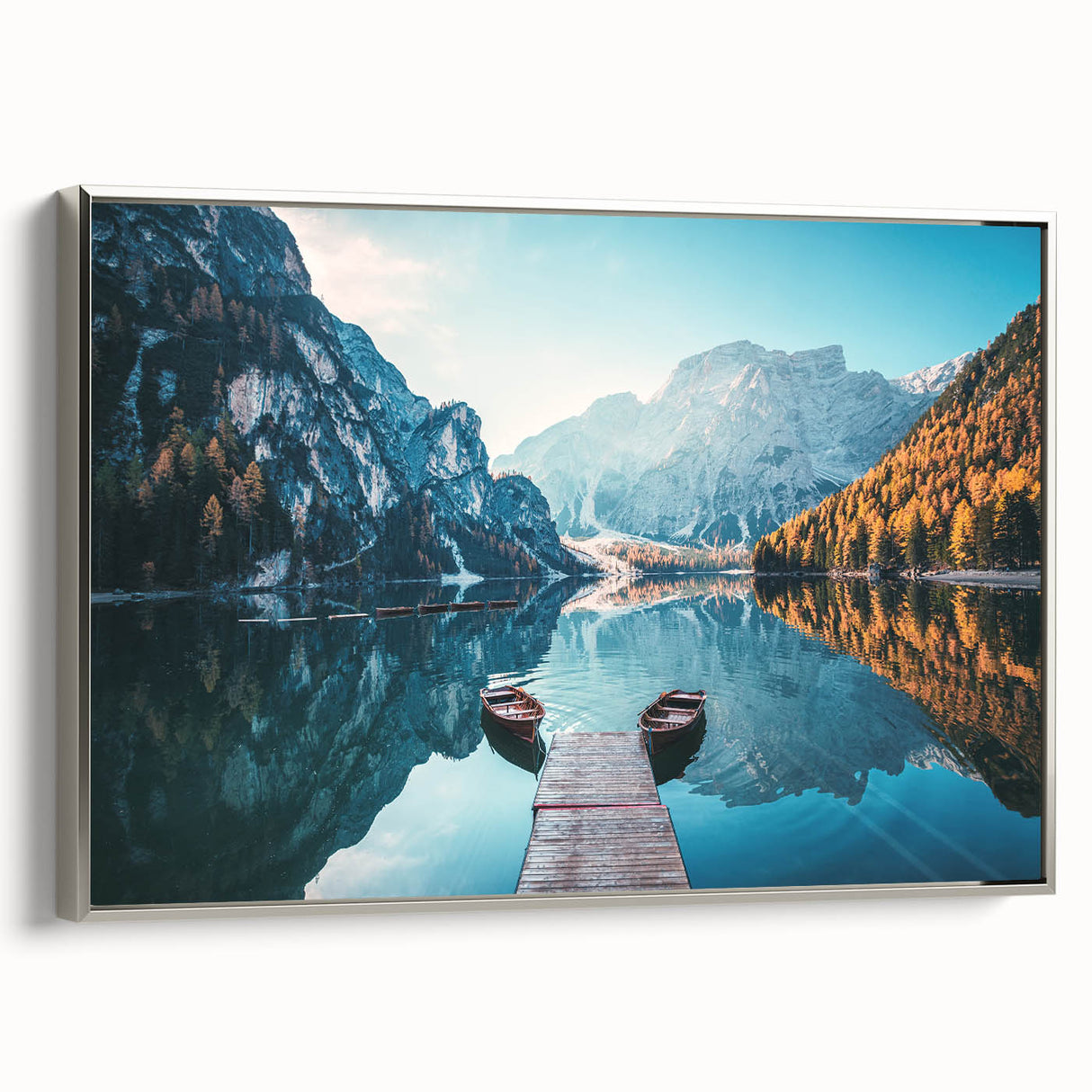 Framed canvas of a vintage-style landscape painting featuring the Dolomites in Italy, with muted earth tones.