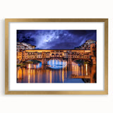Abstract art print of Florence skyline with muted gold and blue tones on a framed canvas, suitable for dining room decor.
