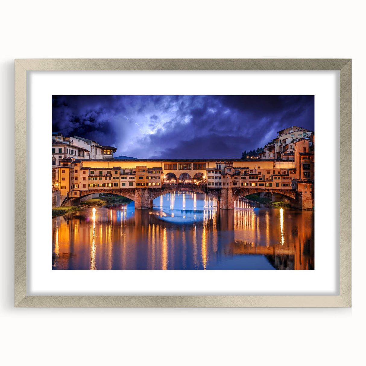 Extra large abstract art print of Florence scenery in textured style, with muted earth tones on a silver-framed canvas.