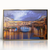 Framed acrylic print of Florence skyline in muted gold and blue tones, ideal for modern art wall decor.
