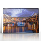 Mid-century modernist art of Florence skyline in muted earth tones on a framed acrylic, suitable for nursery wall decor.