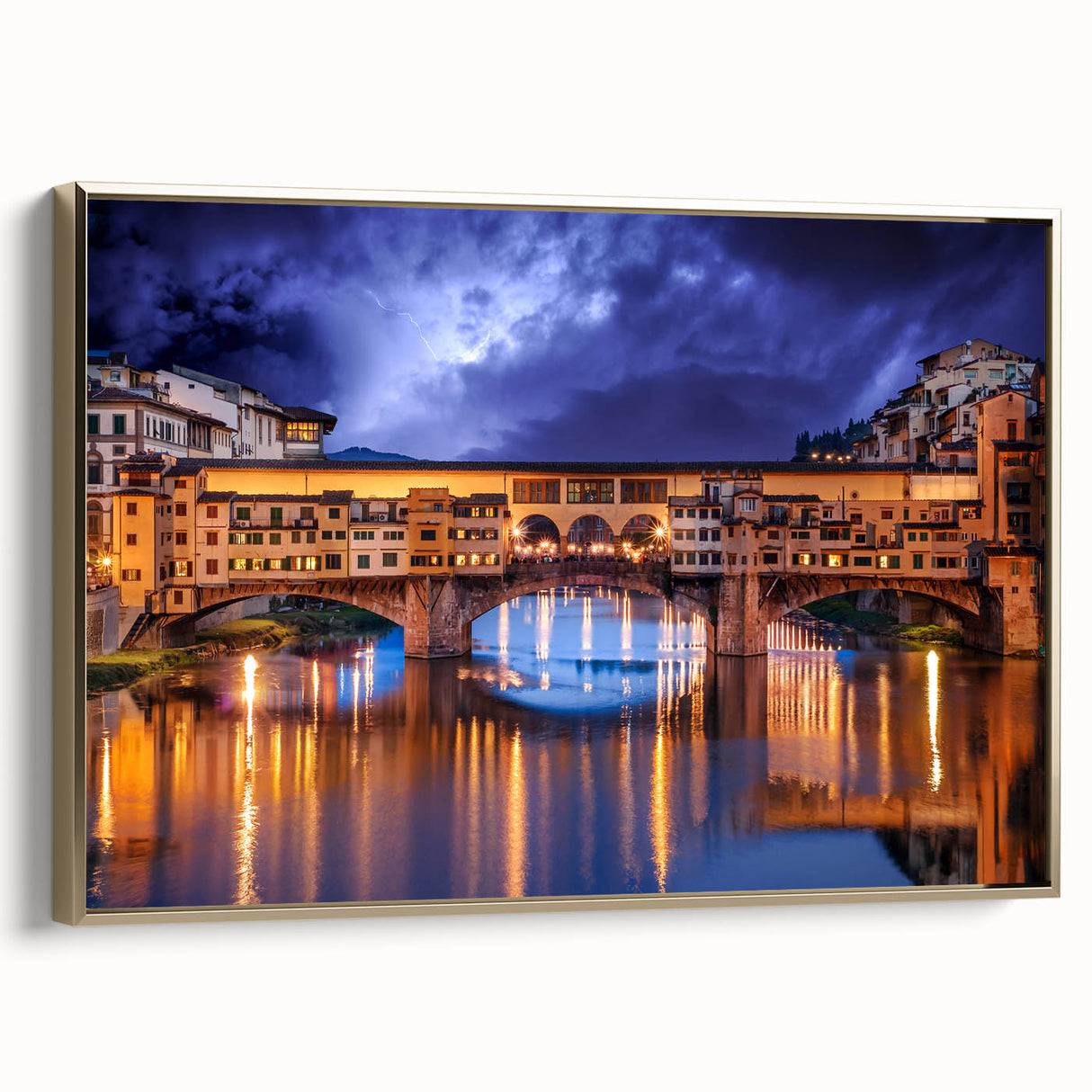 Framed canvas wall art of Florence landscape in muted gold and black tones, suitable for bedroom decor.