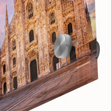 Large abstract wall art depicting Milan scenery in muted earth tones on acrylic glass, suitable for dining room ambiance.