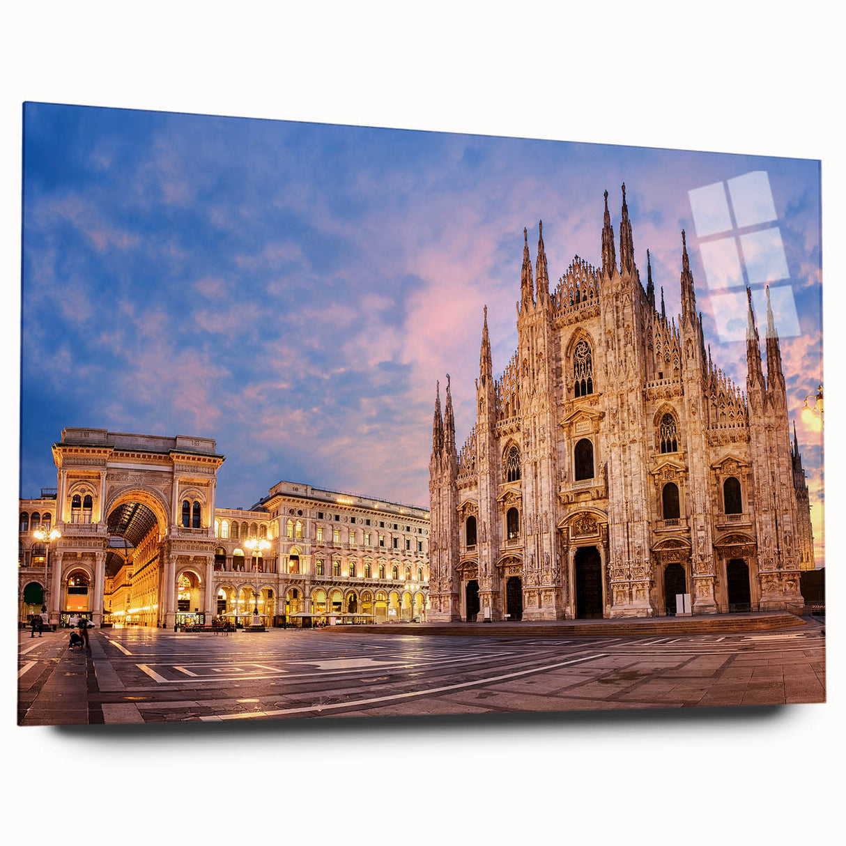 Acrylic print of a large abstract depiction of Milan with vibrant red and orange tones.